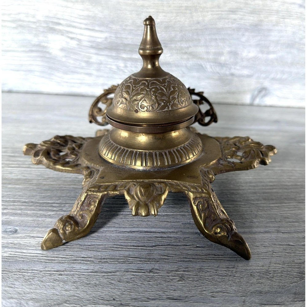 Vintage Brass Inkwell Ornate Art Nouveau Deco MCM Office Desk Decor